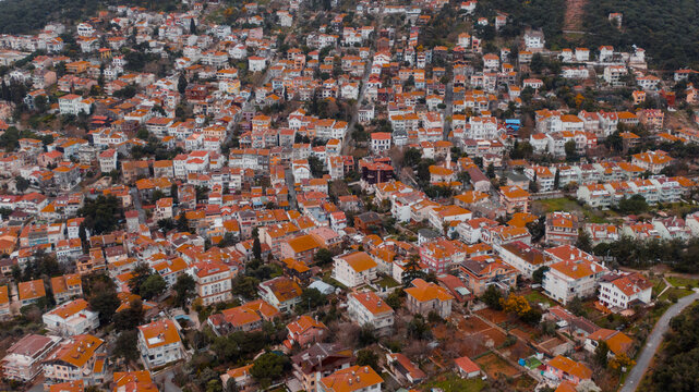 Aerial of a small town near Istanbul - tile roofs shot from above