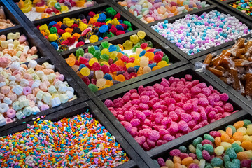 pile of colorful gummy candies, jelly candy shop