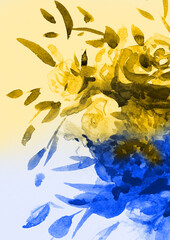 yellow blue watercolors rose bouquet. Ukrainian flowers - 504563224