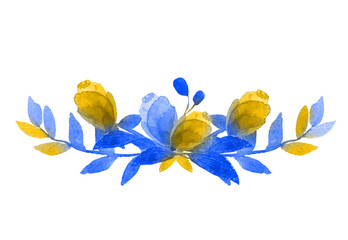 Ukrainian flowers. yellow blue watercolors Colorful purple floral element with leaves and flowers,drawing watercolor. - 504563299