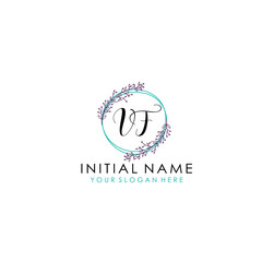Initial letter VF handwriting with floral frame template