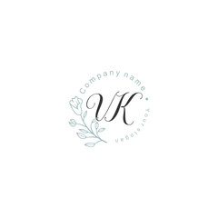 Initial letter VK handwriting with floral frame template