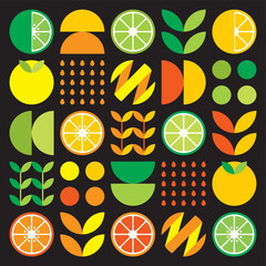 Abstract artwork of orange fruit symbol icon. Simple vector art, geometric illustration of colorful citruses, lemons, lemonade, limes and leaves. Minimalist citrus flat design on black background. - obrazy, fototapety, plakaty