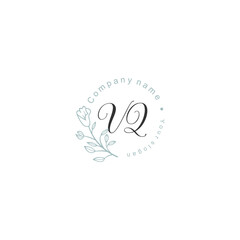 Initial letter VQ handwriting with floral frame template