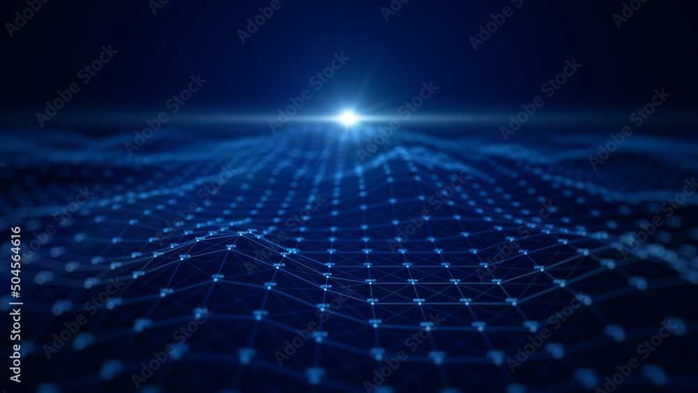 Poster technology digital data network with dots and lines, globe blockchain and small binary polygon abstr