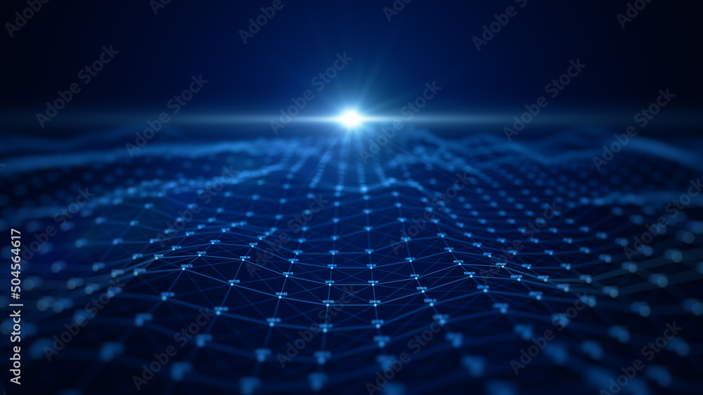 Aufkleber technology digital data network with dots and lines, globe blockchain and small binary polygon abstr