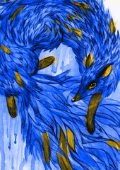 yellow blue watercolors Hand drawn fox in Watercolor