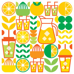 Simple flat illustration of abstract shapes of citrus fruits, lemons, lemonade, limes, leaves and other geometric symbols. Fresh orange juice ice drink icon with glass, jug, straw and plastic cup.