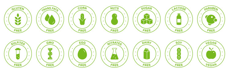 Free Allergy Ingredient Silhouette Green Stamp Set. Label. No Soy, Transfat, Nut, Gluten, Corn, Dairy, Sugar, Paraben, Nitrates Outline Logo. Vegan Food Icon. Isolated Vector Illustration