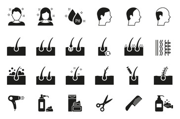 Treatment and Problem of Hair. Hair Care and Loss Problem. Shampoo, Dandruff, Haircut, Growth and Alopecia Silhouette Icon. Barbershop Tools Flat Black Icons. Isolated Vector illustration