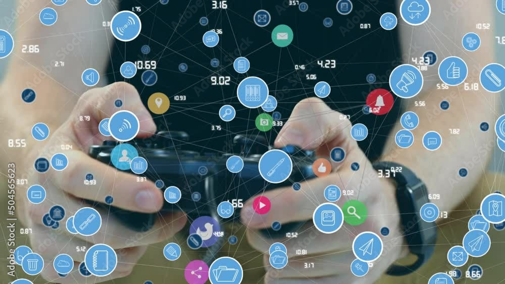 Poster animation of media icons over caucasian man using gamepad