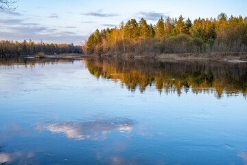 Picturesque river in the forest. Spring landscape. Russian nature. Beautiful calm river.