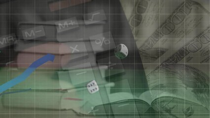 Animation of data processing over banknotes and dices - Powered by Adobe