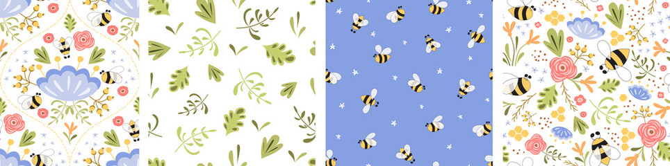 Meadow floral summer pattern set. Flowers and honey Bee nature repeated background. Vector illustration.