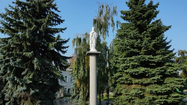Aerial shot the city Rivne. Monument-Column in Honor of our Lady. Ukraine
