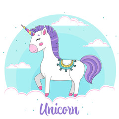 Fototapeta premium Vector illustration of a cute unicorn, unicorn standing on a cloud, cartoon unicorn character vector