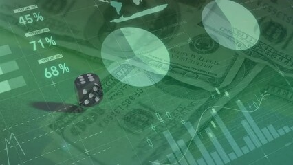 Animation of data processing over banknotes and dices - Powered by Adobe