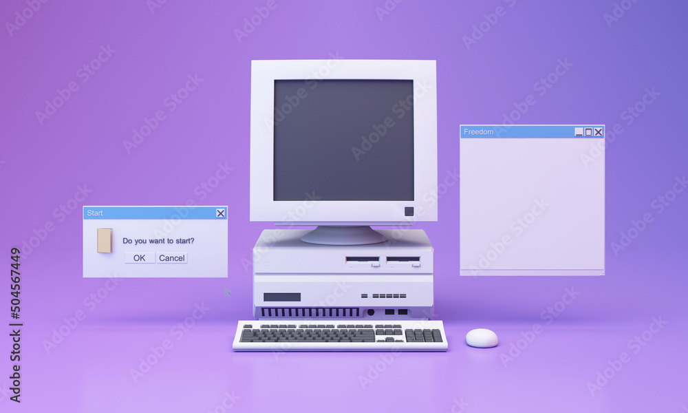 Poster abstract aesthetic background with 90s style system message windows, old vintage computer, mouse, ke