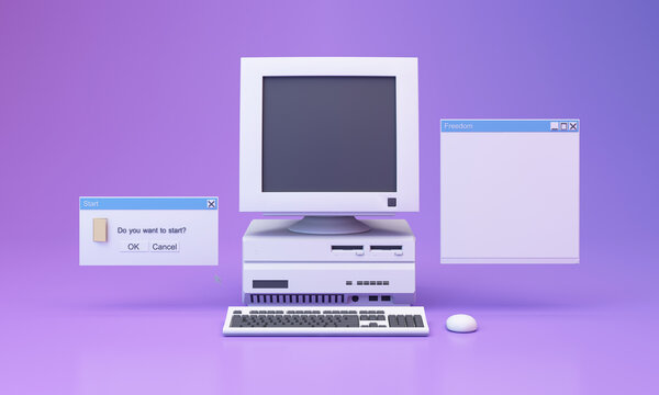 Abstract aesthetic background with 90s style system message windows, old vintage computer, mouse, keyboard, pop up icon system message window on pink and purple gradient y2k style realistic 3d render