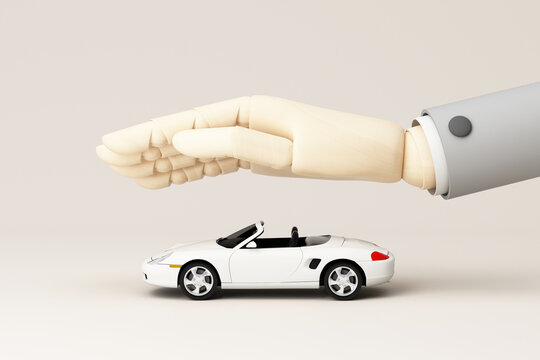 Car (automobile) insurance and collision damage waiver concept surrounding by white sport car model and covered wooden cartoon hand on car. isolated on white pastel background. realistic 3d render