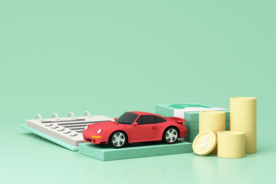 Car (automobile) insurance and collision damage waiver concept surrounding by gold coin and cash with sport car model and insurance form isolated on green pastel background. realistic 3d render