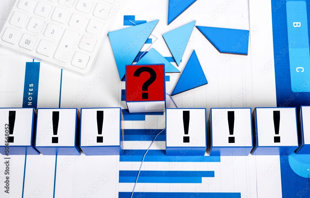 Poster answers to financial queries. cubes with question and exclamation marks, calculator and charts. faq 