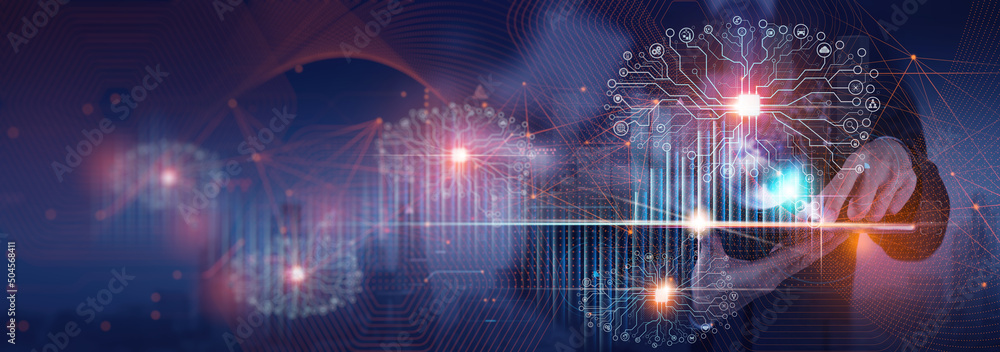 Poster data science, businessman and artificial intelligence ai, digital technology concept. businessman wo