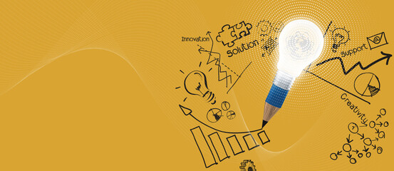 Blue 3d lightbulb merge pencil draws business strategy on yellow background, Business success, innovation and solution concept, copy space banner.