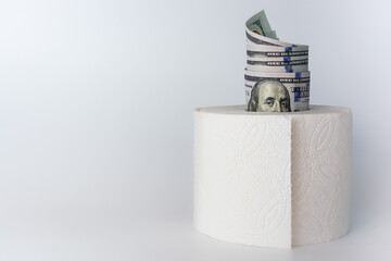 Inflation. The value of money. American 100 dollar bills inserted into toilet paper on a light white gray background.