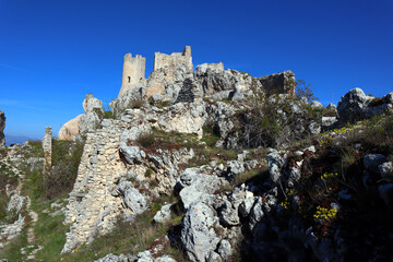 Fototapeta na wymiar Rocca Calascio, mountaintop medieval fortress at 1512 meters above sea level. The Castle of Rocca Calascio is located within the Gran Sasso National Park, Abruzzo – Italy