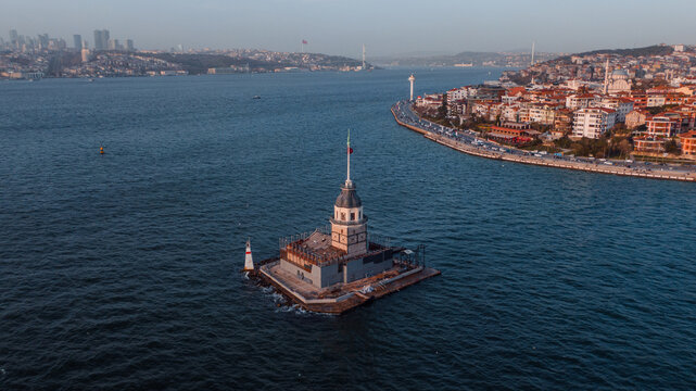 Maiden's Tower drone shot against the cityscape at sunset