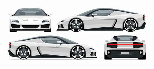 Set of modern sports car mockups. Side, front, rear view of a sports coupe isolated on white background. Vector white sportscar template for branding, advertisement, logo placement. Easy editable.