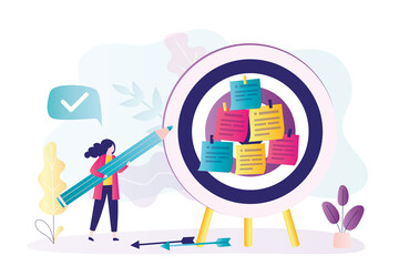 Woman write goals on sticky notes and paste them on dartboard. Entrepreneur sets different business goals