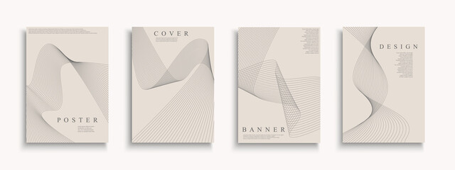 Set of stylish monochrome covers, templates, backgrounds, placards, brochures, banners, flyers, magazines. Striped beige posters, cards etc. Creative minimalistic design - abstract wavy lines