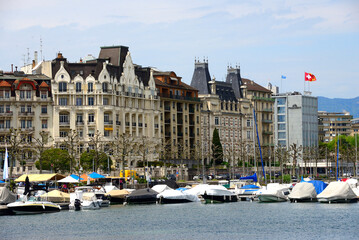 View from marina for waterfront luxury residential buildings along Quai Wilson on Lake Geneva...