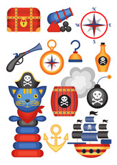 Set of vector cartoon icons with toys on a pirate theme. Children's holiday, kids' party, stickers, games.