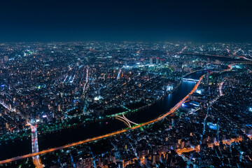東京都 東京スカイツリー展望台（展望回廊）から見る東京、隅田川の夜景
