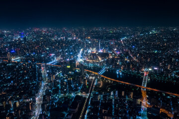 東京都 東京スカイツリー展望台（展望デッキ）から見る隅田川、浅草方面の夜景