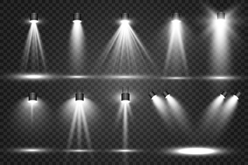 	
Collection of stage lighting, catwalk or platform, transparent effects. Bright lighting with spotlights. Light effect. Projector.	
