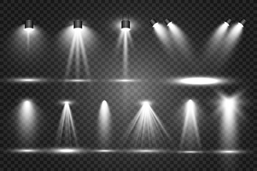 	
Collection of stage lighting, catwalk or platform, transparent effects. Bright lighting with spotlights. Light effect. Projector.	