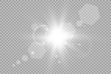 Special lens flash, light effect. The flash flashes rays and searchlight. illust.White glowing light. Beautiful star Light from the rays. The sun is backlit. Bright beautiful star. Sunlight. Glare.	