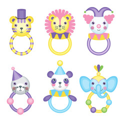 A set of circus beanbag toys. Children's holiday, kids' party, stickers, games. Rattle collection.
