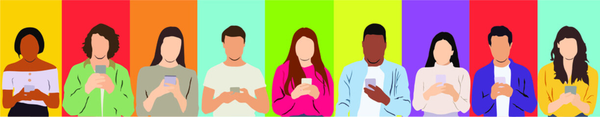 vector illustration collage of people using phones on background with colorful lines