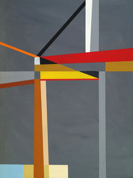 An abstract painting with a bridge-like structure.