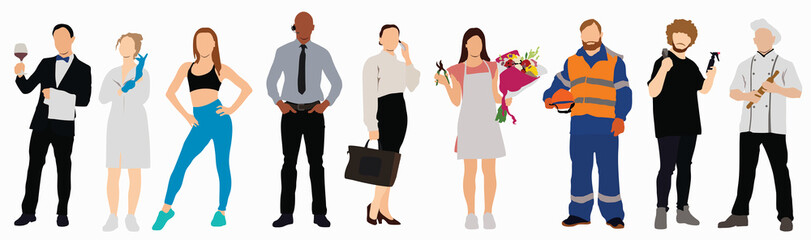 illustration of Group of people with different professions on white background, horizontal. Modern workers of diverse occupations, male and female models