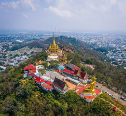Aerial view of Wat Khiriwong temple on top of the mountain in Nakhon Sawan, Thailand