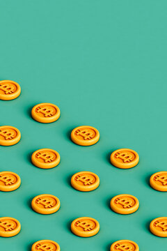 bitcoins on blue background with copy space