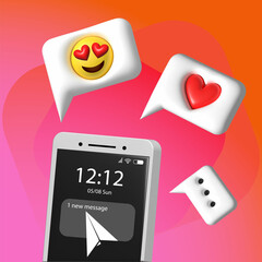 The volumetric illustration of social media and communication in the smarthone with messages, emoji and heart; The editable banner with smartphone screen