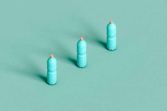 3d render of three water bottles on a blue background with copy 