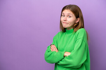 Young English woman isolated on purple background making doubts gesture while lifting the shoulders